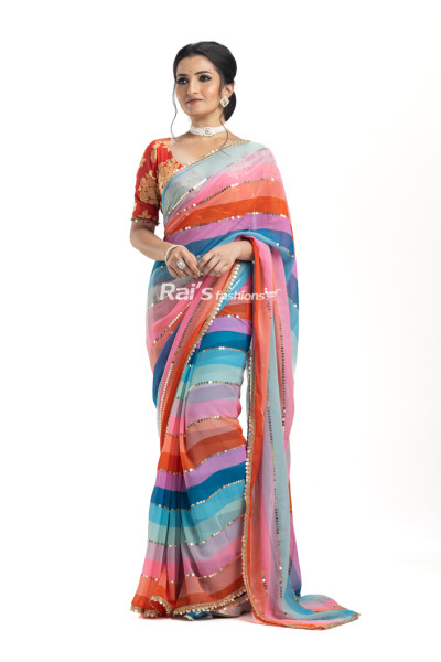 Multicolor Chiffon Silk Saree With Fancy Sequence Stripes On All Over Base (KR2226)
